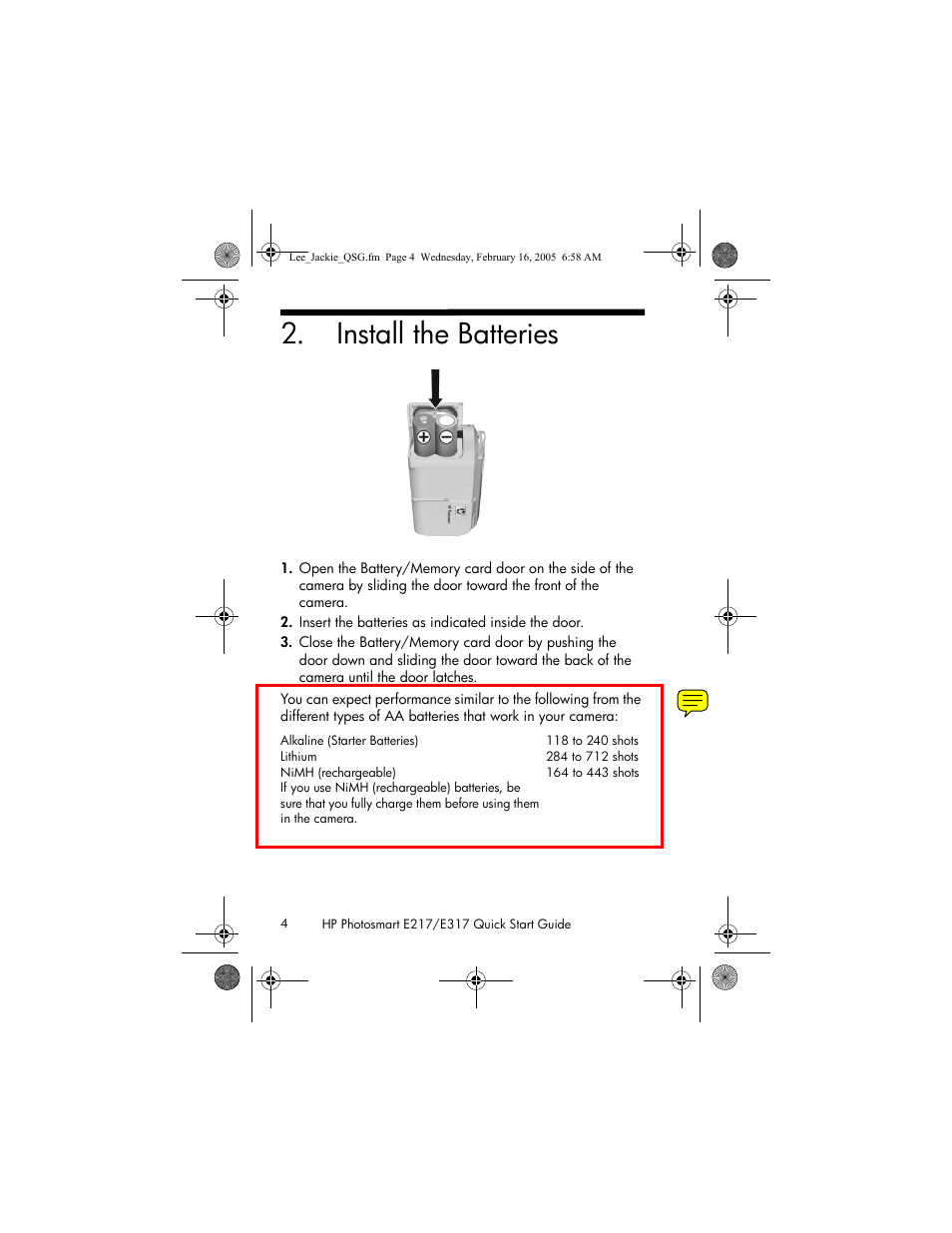 Install the batteries | HP E317 User Manual | Page 4 / 16