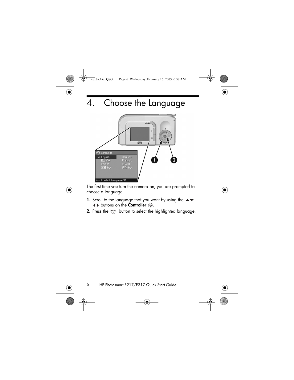 Choose the language | HP E317 User Manual | Page 6 / 16