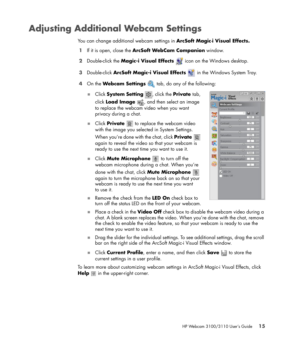 Adjusting additional webcam settings | HP 3110 User Manual | Page 19 / 22