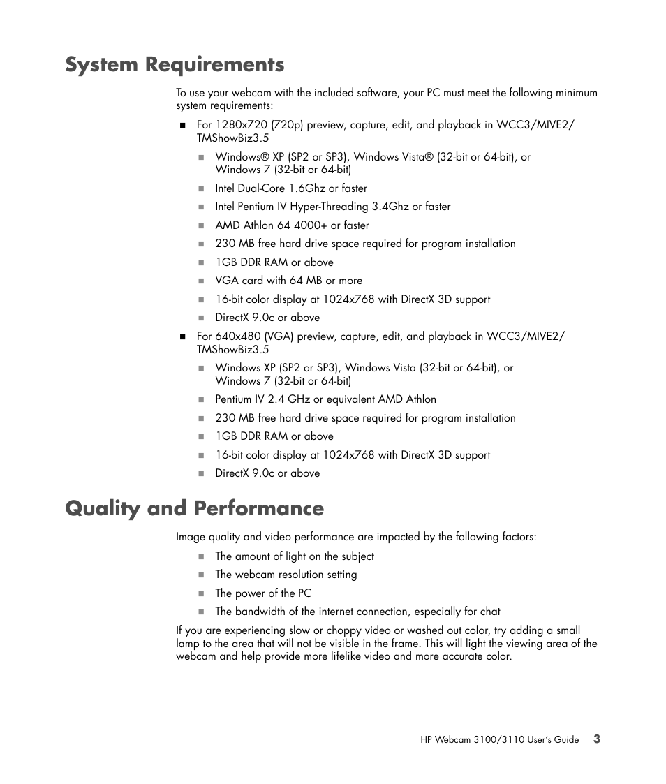 System requirements, Quality and performance, System requirements quality and performance | HP 3110 User Manual | Page 7 / 22