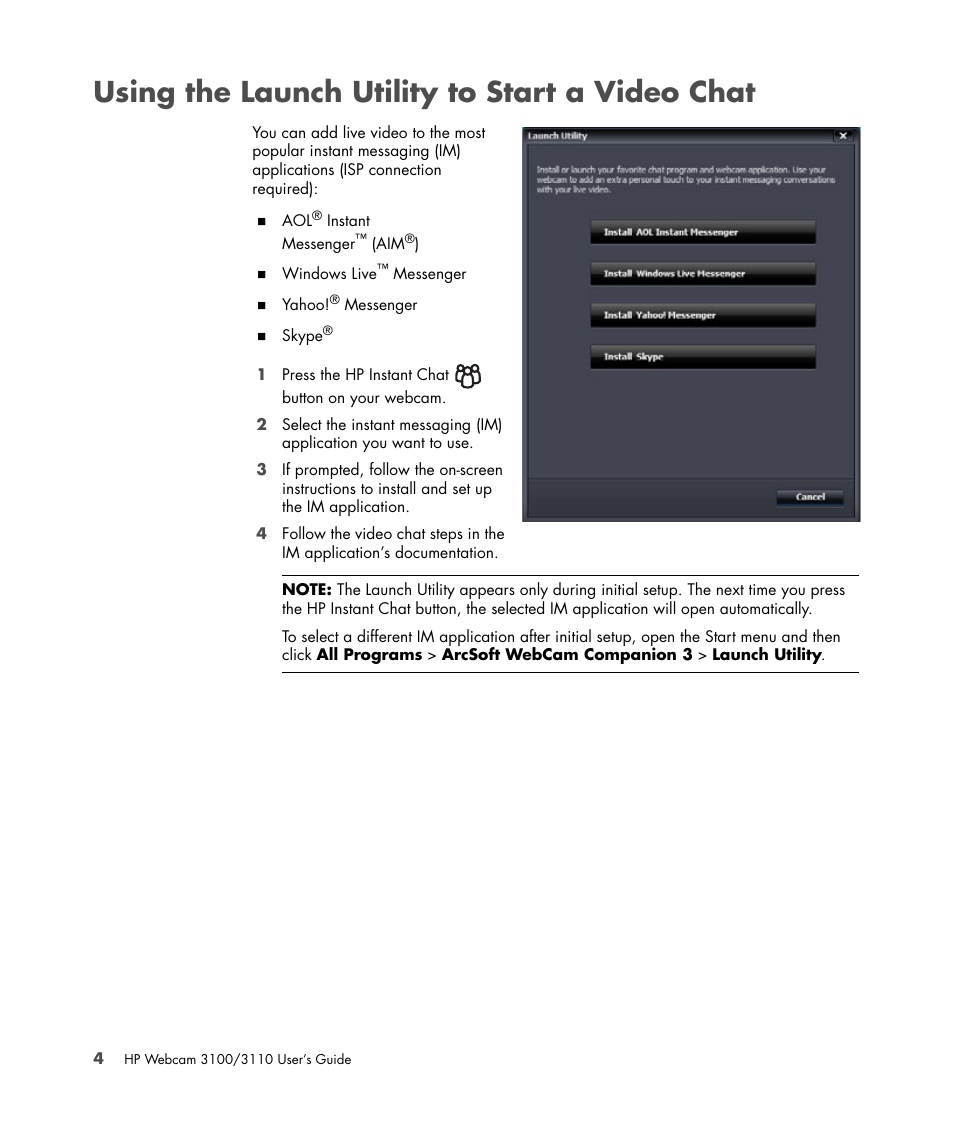 Using the launch utility to start a video chat | HP 3110 User Manual | Page 8 / 22
