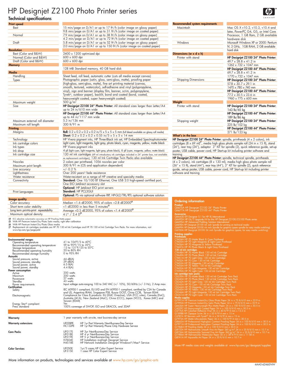 Hp designjet z2100 photo printer series, Technical specifications | HP DesignJet Z2100 User Manual | Page 4 / 4