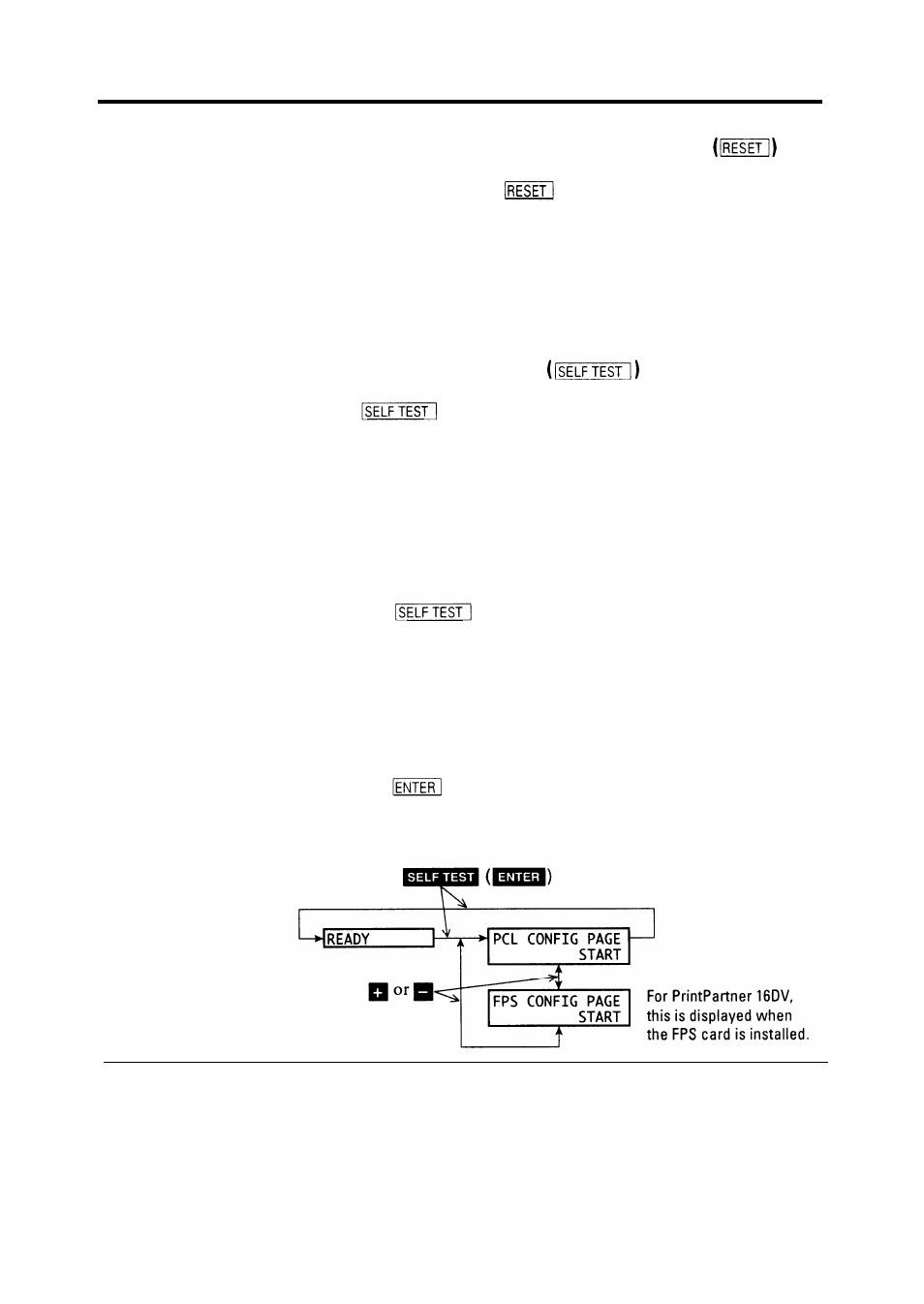 Selecting the self test menu 2-6, Clearing the buffer and reinitializing the printer, Selecting the self test menu | HP 16V User Manual | Page 53 / 156