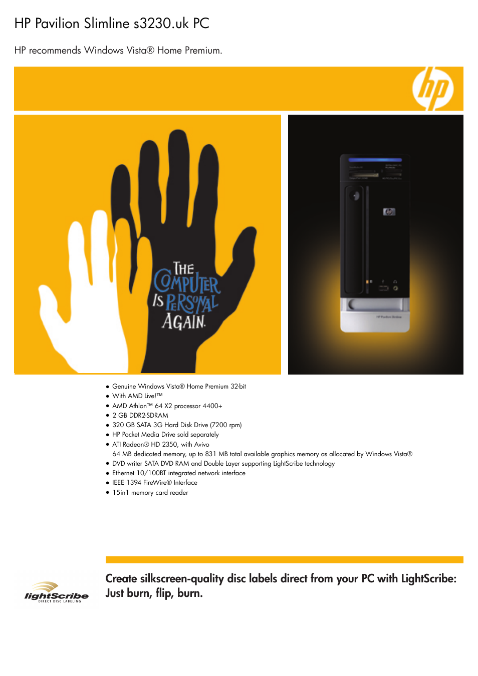 HP Slimline s3230 User Manual | 2 pages