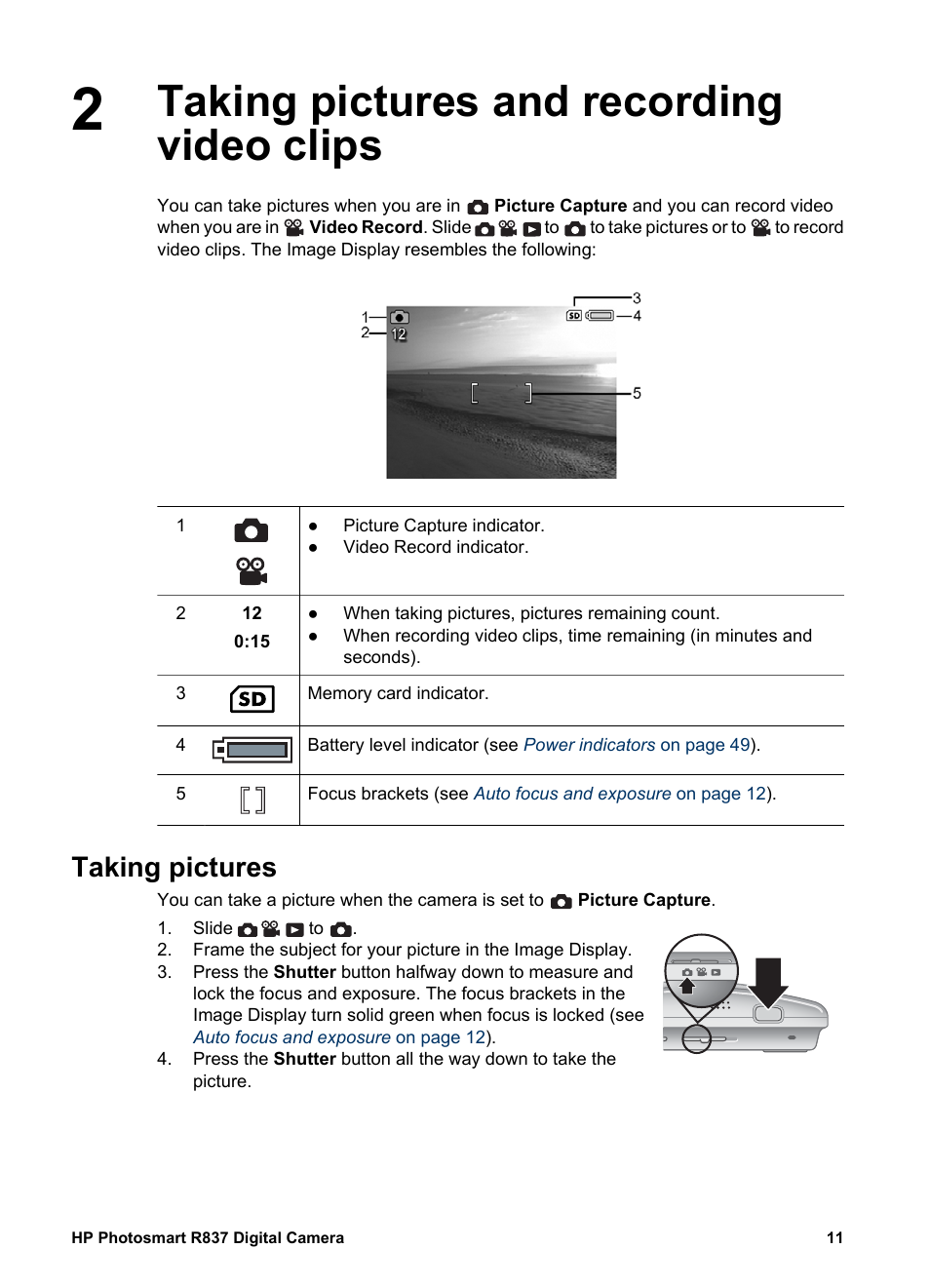 Taking pictures and recording video clips, Taking pictures | HP Photosmart R837 User Manual | Page 11 / 56
