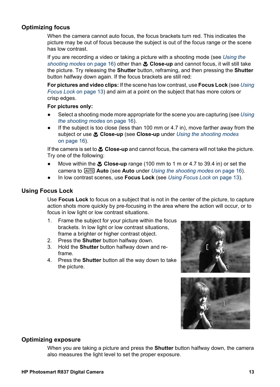 Optimizing focus, Using focus lock, Optimizing exposure | HP Photosmart R837 User Manual | Page 13 / 56