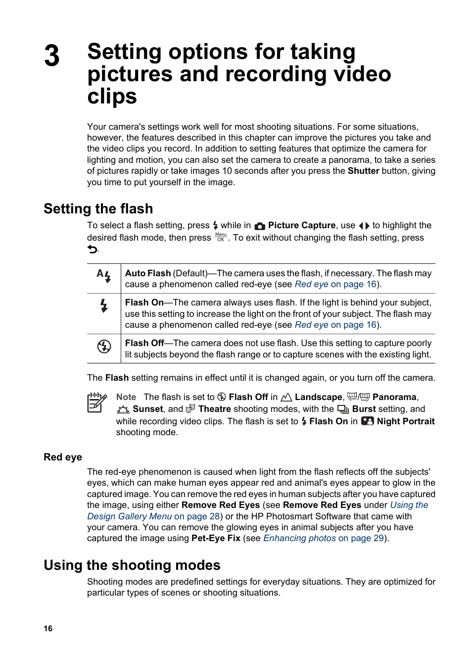 Setting the flash, Red eye, Using the shooting modes | Using panorama mode, Setting options for taking pictures and, Using the, Using | HP Photosmart R837 User Manual | Page 16 / 56