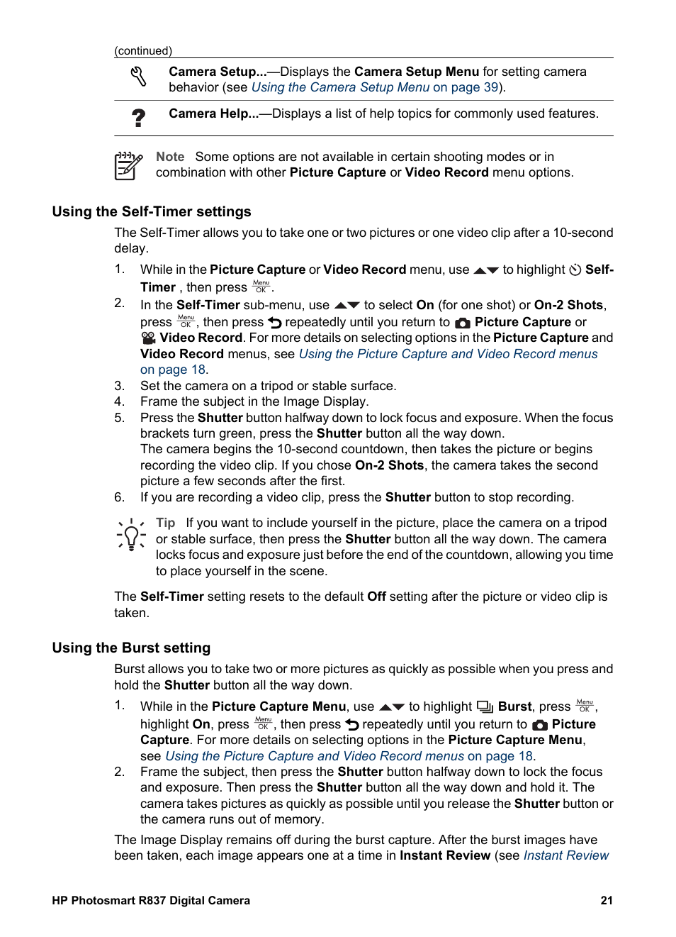 Using the self-timer settings, Using the burst setting | HP Photosmart R837 User Manual | Page 21 / 56