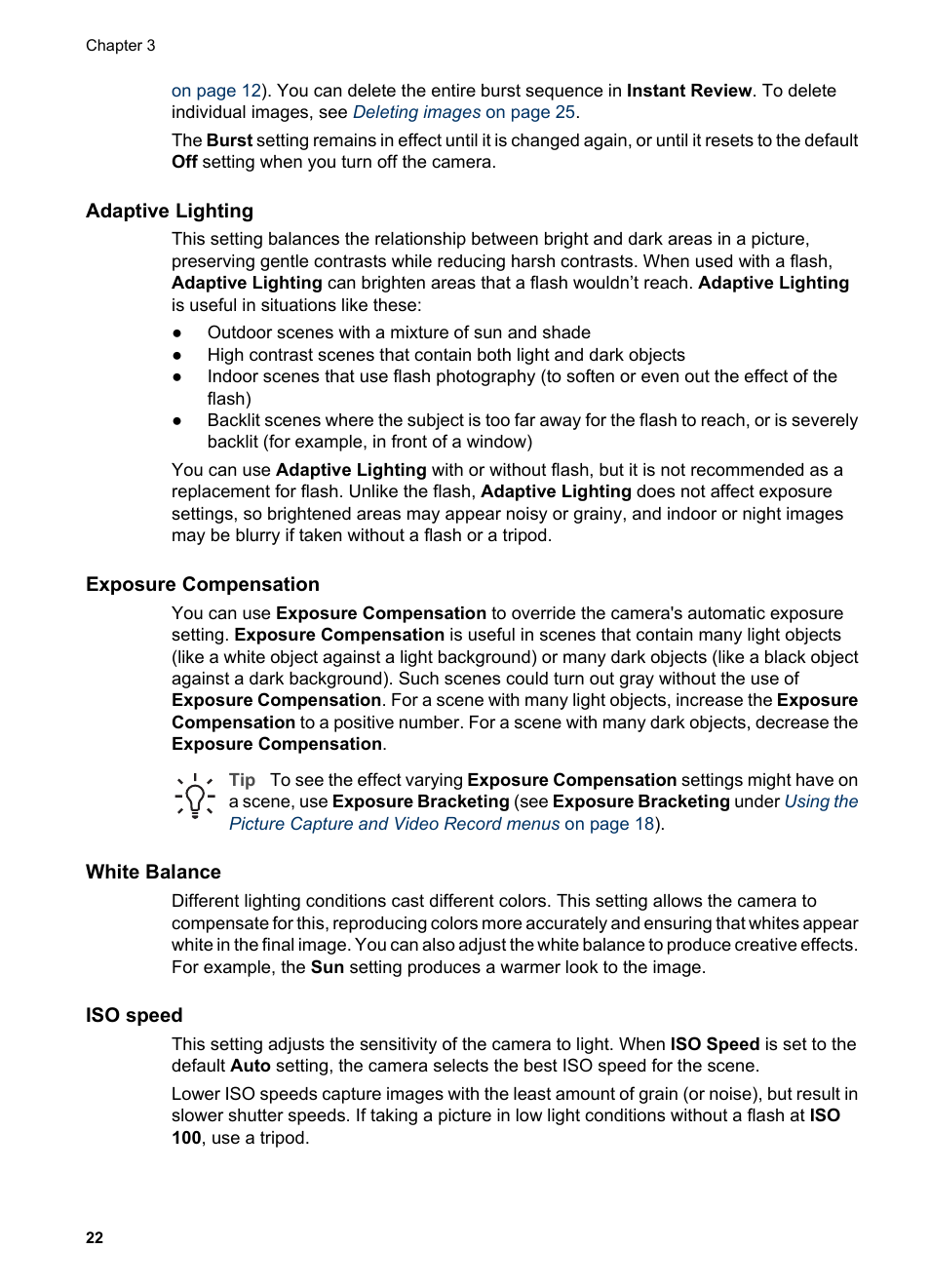 Adaptive lighting, Exposure compensation, White balance | Iso speed | HP Photosmart R837 User Manual | Page 22 / 56