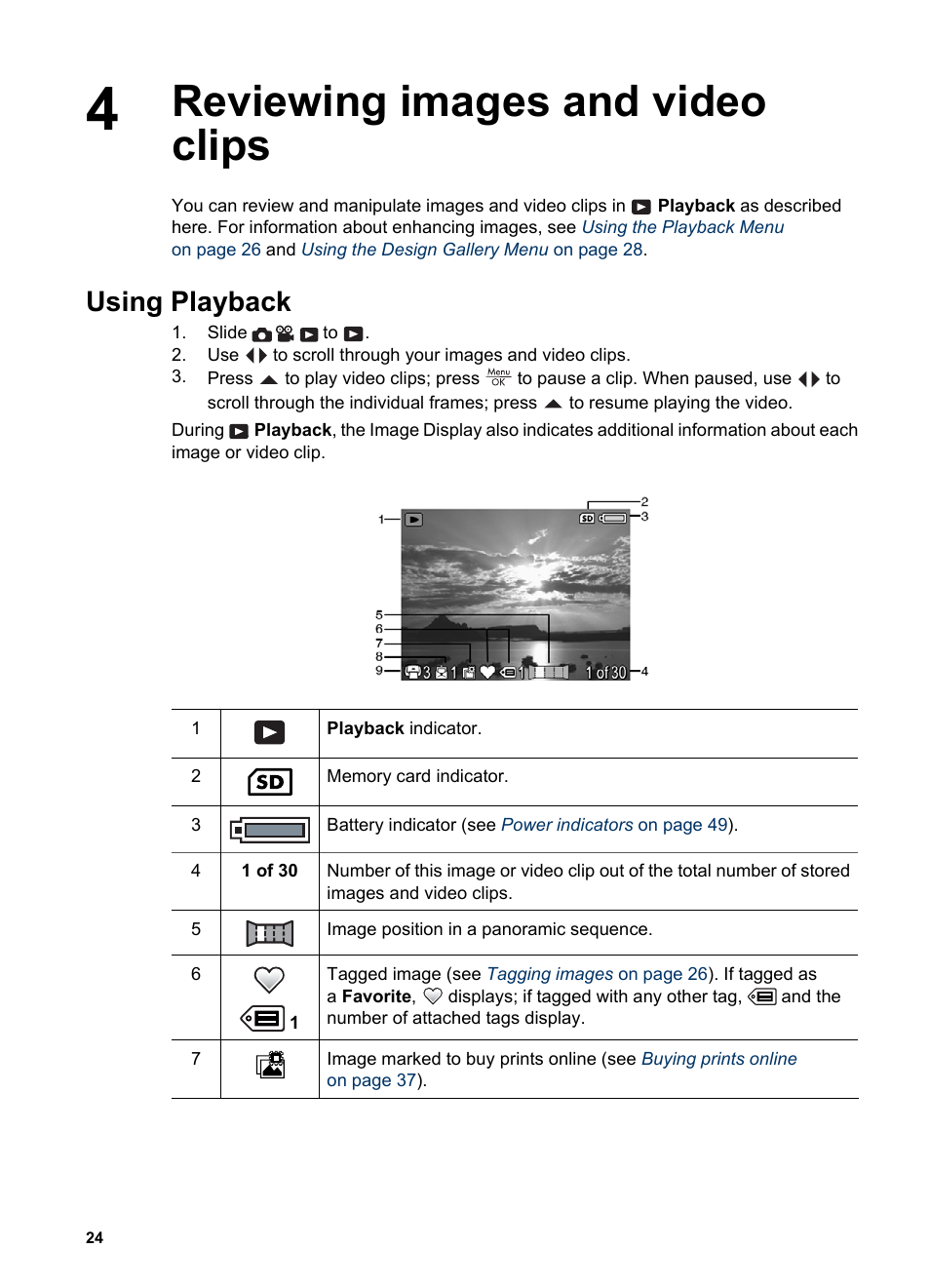Reviewing images and video clips, Using playback, Reviewing images and video clips using playback | HP Photosmart R837 User Manual | Page 24 / 56