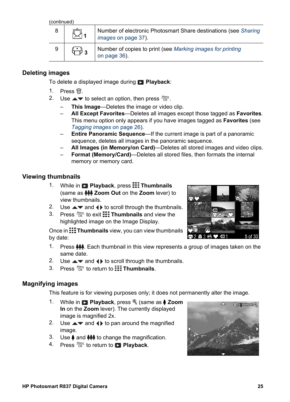 Deleting images, Viewing thumbnails, Magnifying images | HP Photosmart R837 User Manual | Page 25 / 56