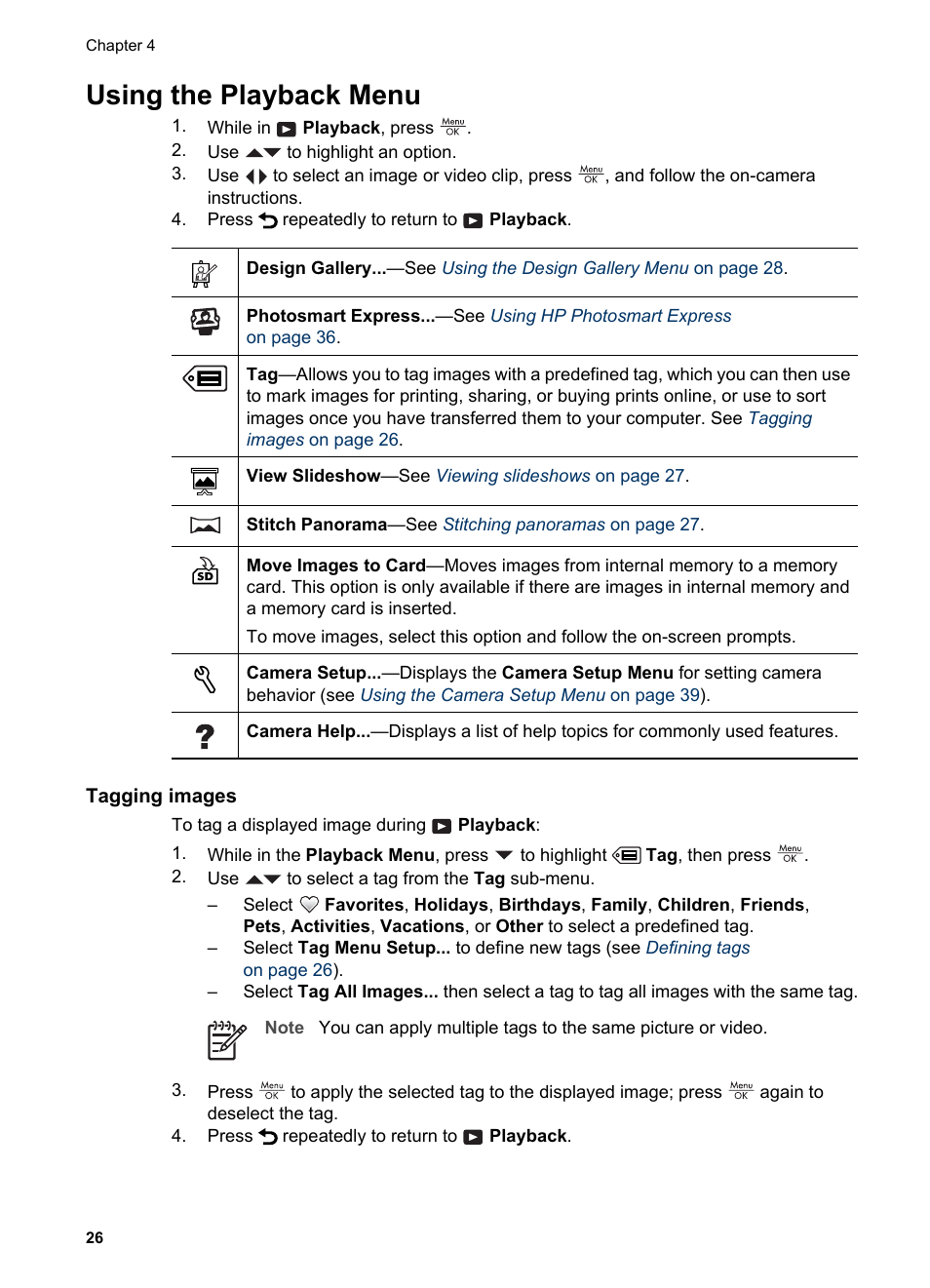 Using the playback menu, Tagging images, Defining tags | Using the | HP Photosmart R837 User Manual | Page 26 / 56