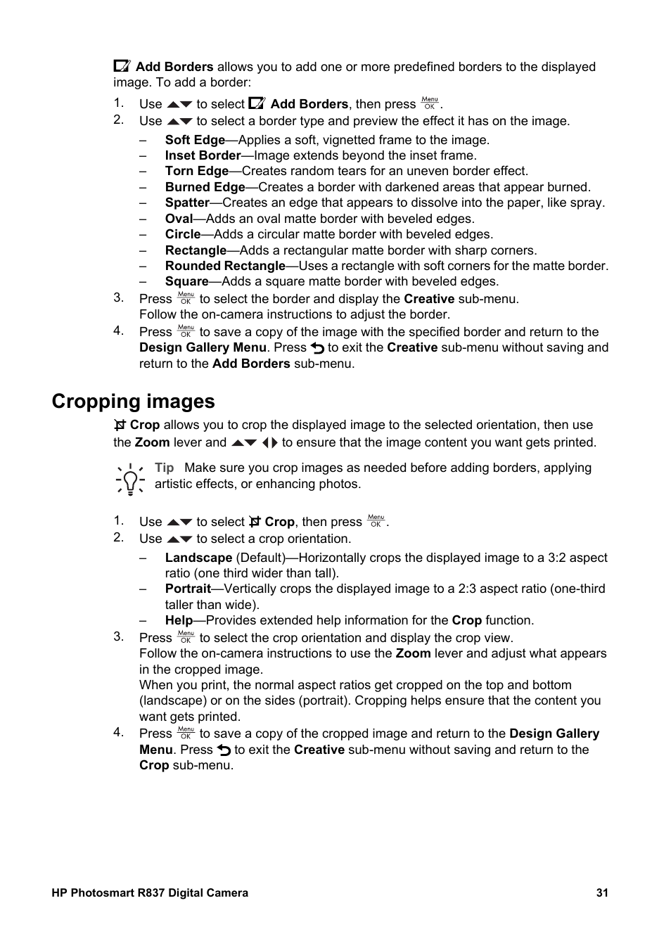 Cropping images | HP Photosmart R837 User Manual | Page 31 / 56