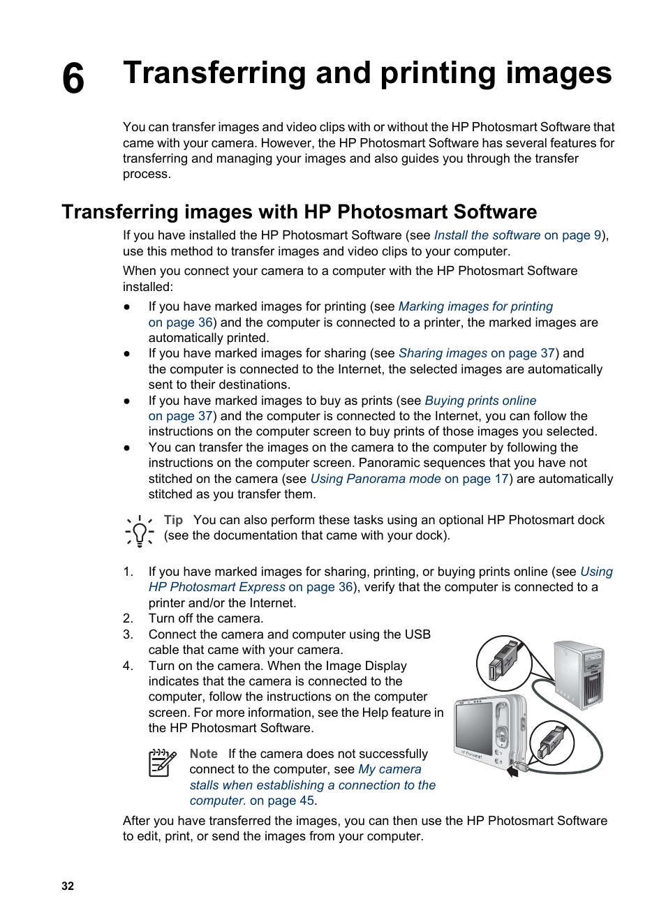 Transferring and printing images, Transferring images with hp photosmart software, Transferring images with | HP Photosmart R837 User Manual | Page 32 / 56