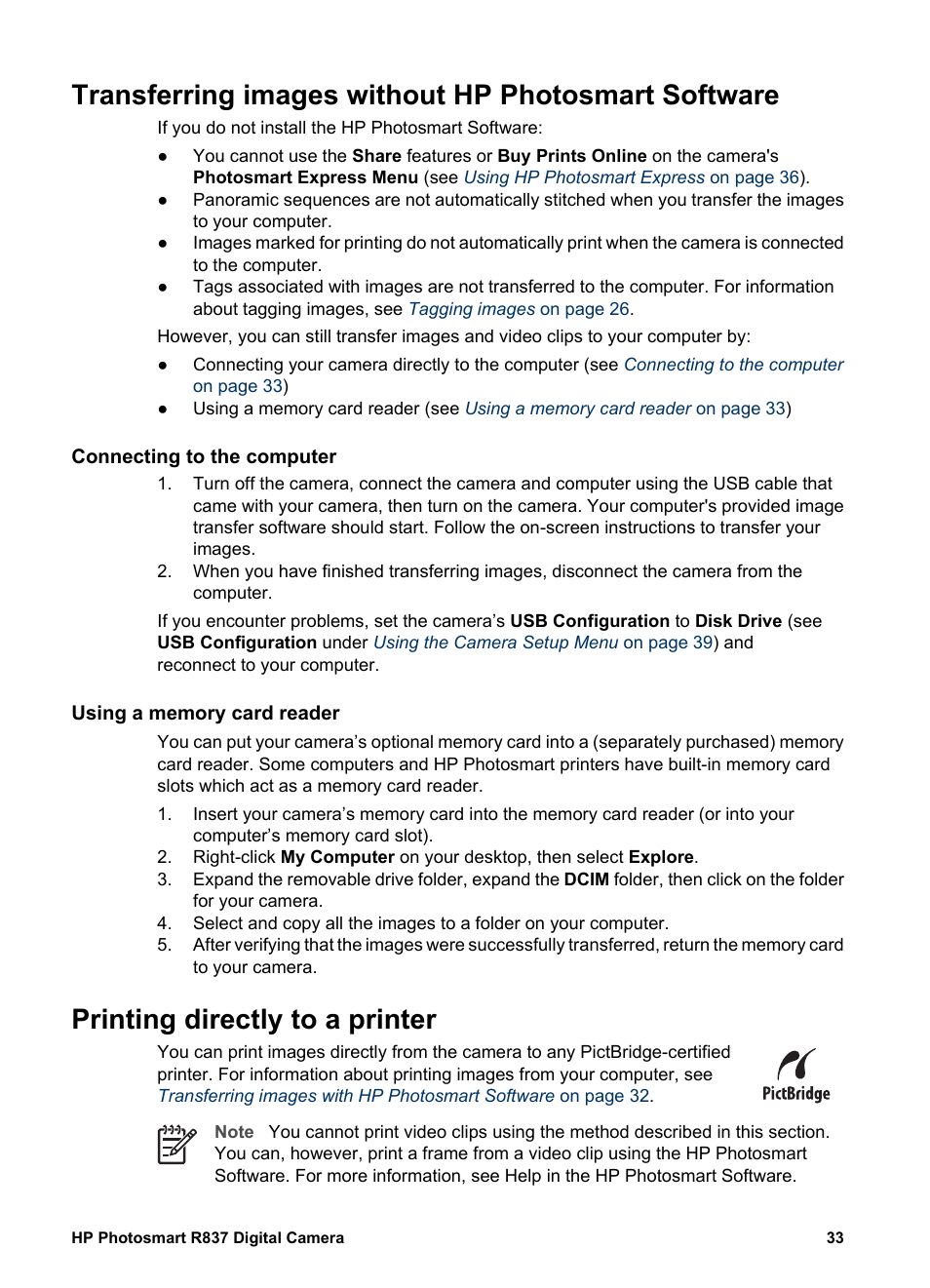 Transferring images without hp photosmart software, Connecting to the computer, Using a memory card reader | Printing directly to a printer | HP Photosmart R837 User Manual | Page 33 / 56