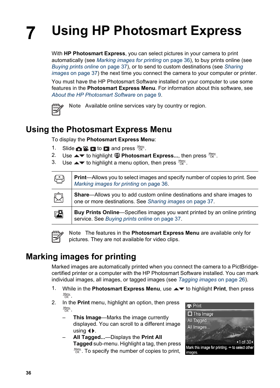 Using hp photosmart express, Using the photosmart express menu, Marking images for printing | Using, Verif | HP Photosmart R837 User Manual | Page 36 / 56