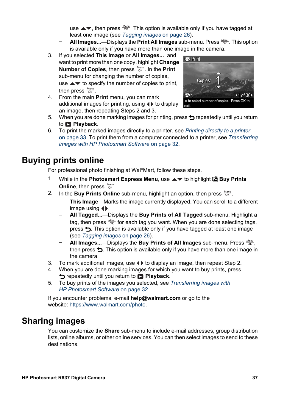 Buying prints online, Sharing images, Buying prints online sharing images | Sharing | HP Photosmart R837 User Manual | Page 37 / 56