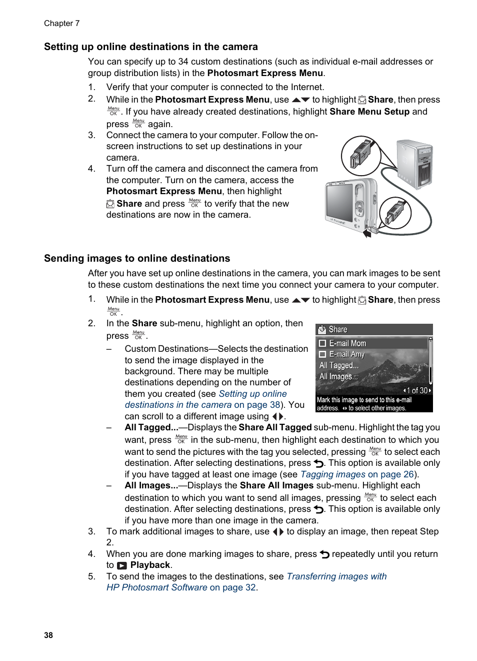 Setting up online destinations in the camera, Sending images to online destinations | HP Photosmart R837 User Manual | Page 38 / 56