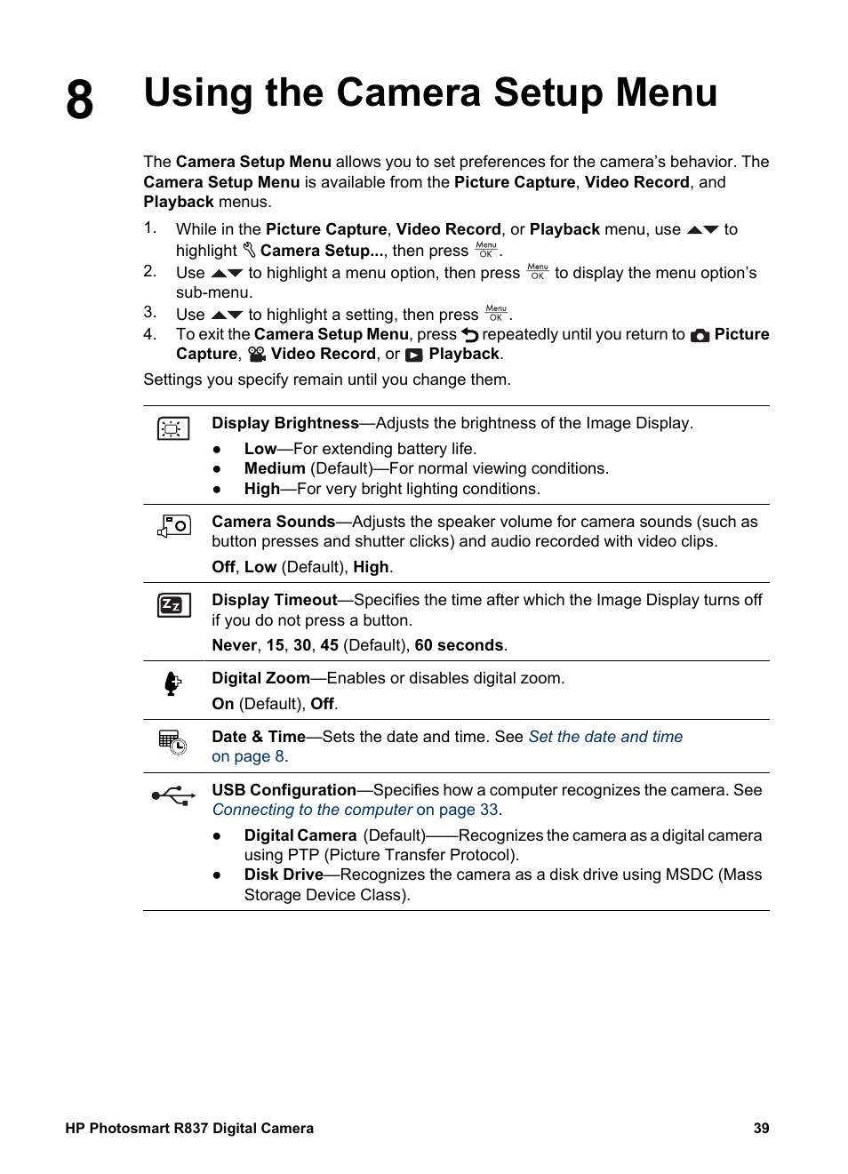 Using the camera setup menu, Using the camera setup | HP Photosmart R837 User Manual | Page 39 / 56