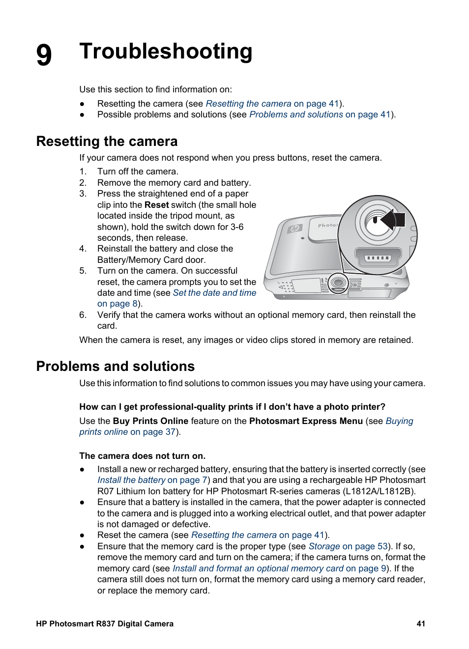 Troubleshooting, Resetting the camera, Problems and solutions | HP Photosmart R837 User Manual | Page 41 / 56