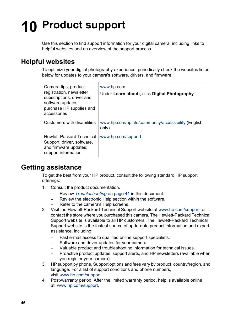 Product support, Helpful websites, Getting assistance | 10 product support, Helpful websites getting assistance, Product | HP Photosmart R837 User Manual | Page 46 / 56