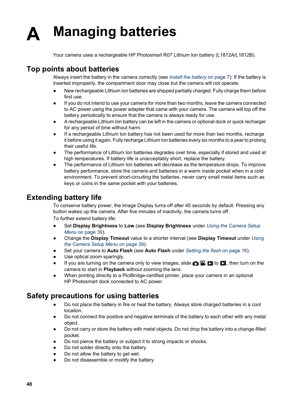 Managing batteries, Top points about batteries, Extending battery life | Safety precautions for using batteries | HP Photosmart R837 User Manual | Page 48 / 56