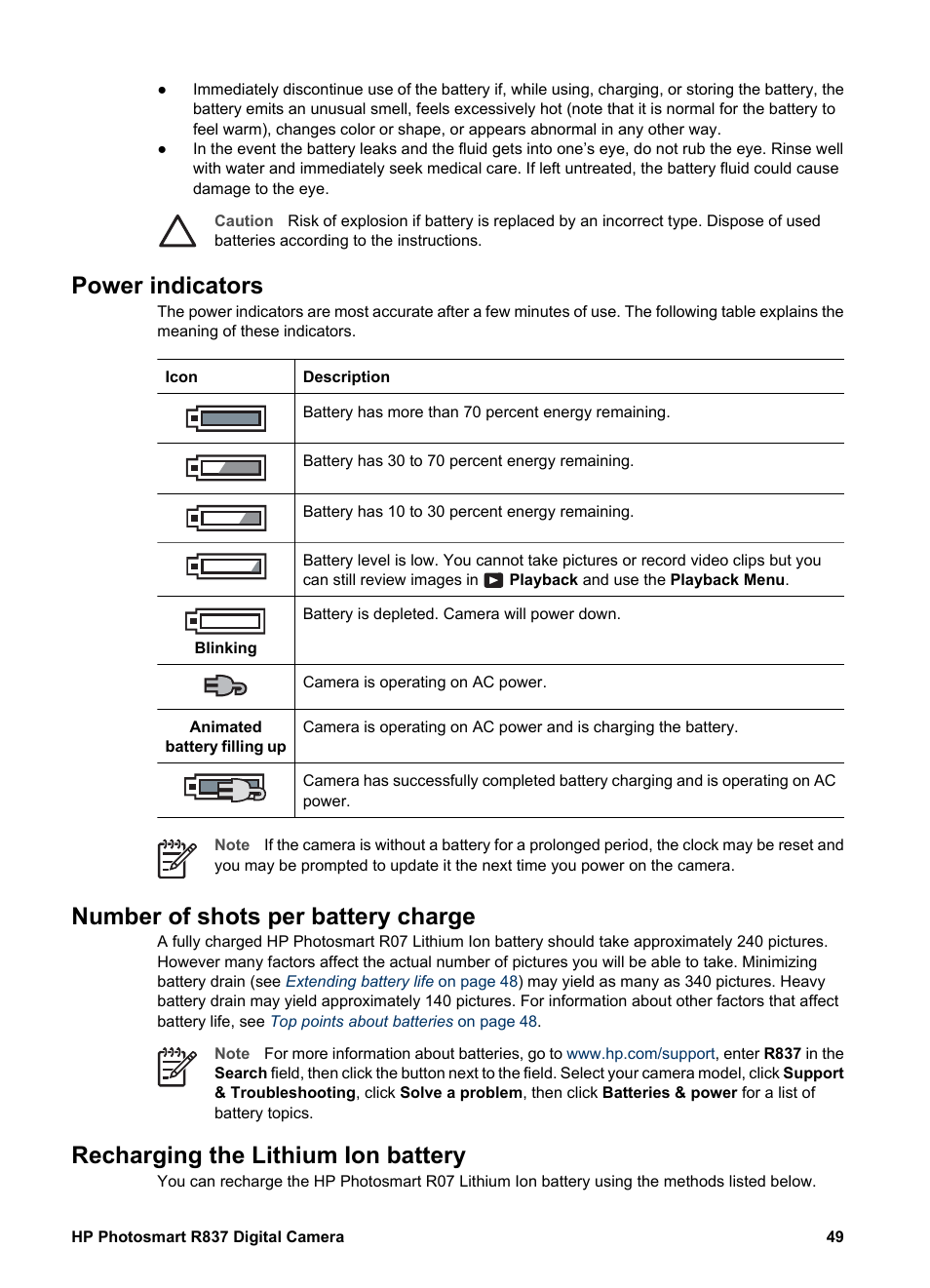 Power indicators, Number of shots per battery charge, Recharging the lithium ion battery | Recharging the lithium | HP Photosmart R837 User Manual | Page 49 / 56