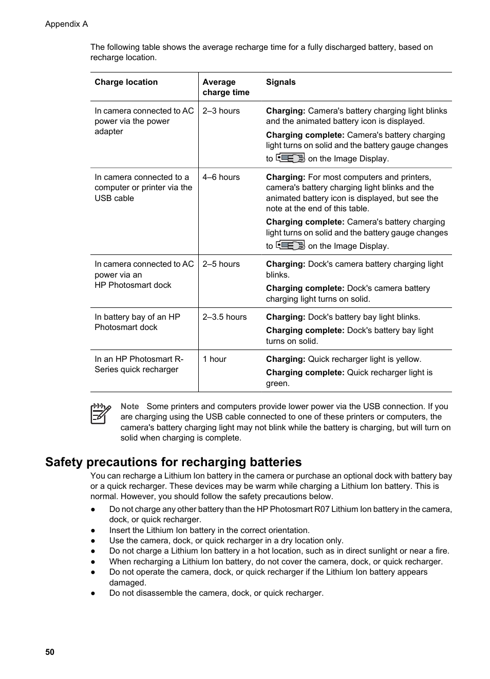 Safety precautions for recharging batteries | HP Photosmart R837 User Manual | Page 50 / 56