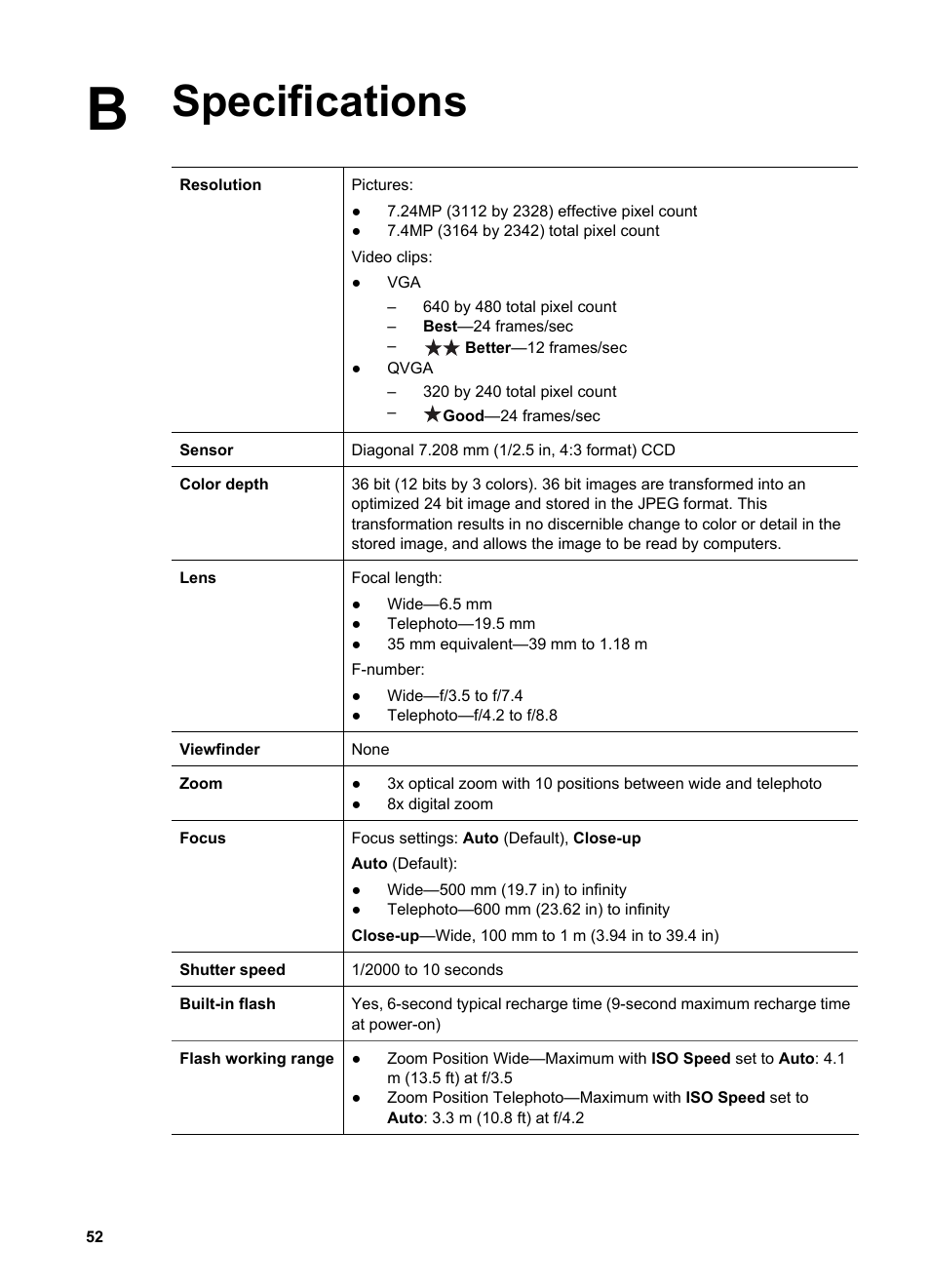 Specifications | HP Photosmart R837 User Manual | Page 52 / 56
