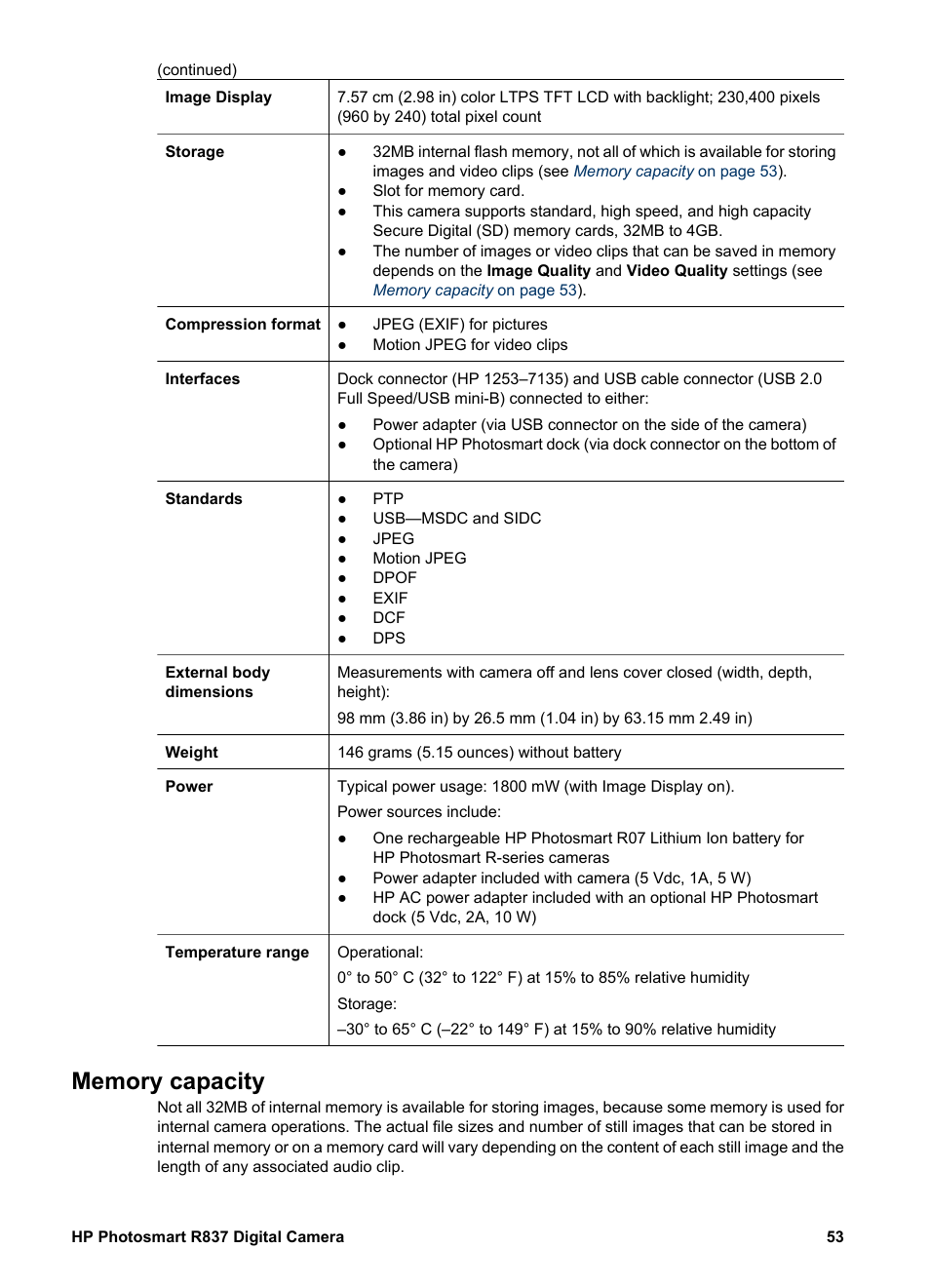 Memory capacity, For ti | HP Photosmart R837 User Manual | Page 53 / 56
