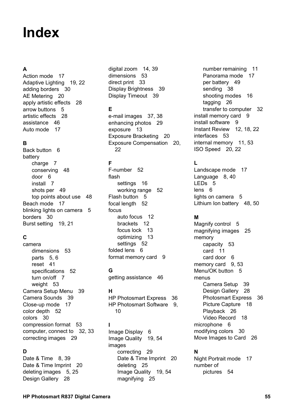 Index | HP Photosmart R837 User Manual | Page 55 / 56