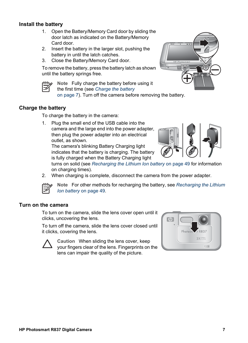 Install the battery, Charge the battery, Turn on the camera | HP Photosmart R837 User Manual | Page 7 / 56