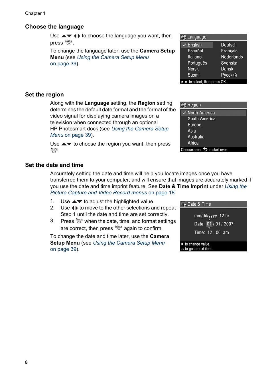 Choose the language, Set the region, Set the date and time | HP Photosmart R837 User Manual | Page 8 / 56