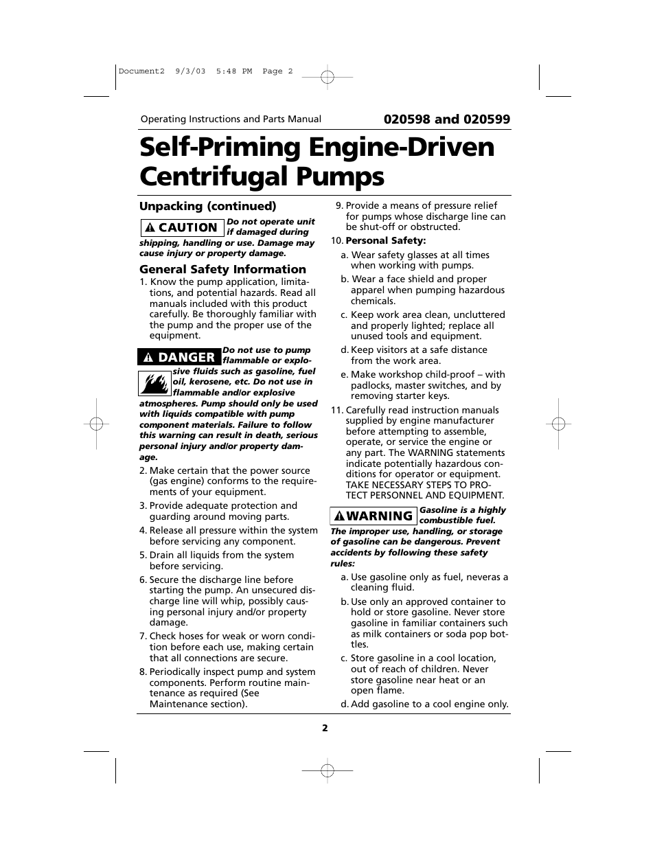 Self-priming engine-driven centrifugal pumps | HP 020598 User Manual | Page 2 / 12