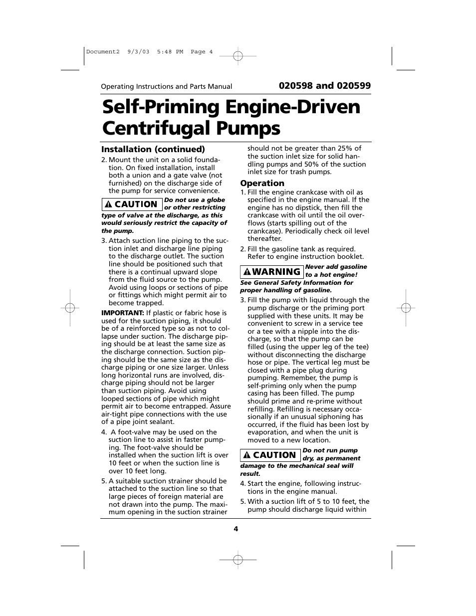 Self-priming engine-driven centrifugal pumps | HP 020598 User Manual | Page 4 / 12