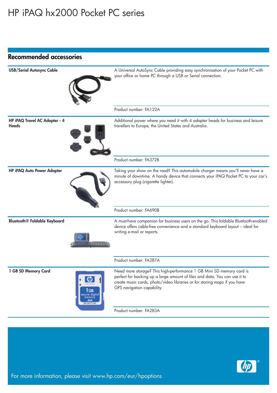 Hp ipaq hx2000 pocket pc series, Recommended accessories | HP iPAQ hx2000 Series User Manual | Page 3 / 3