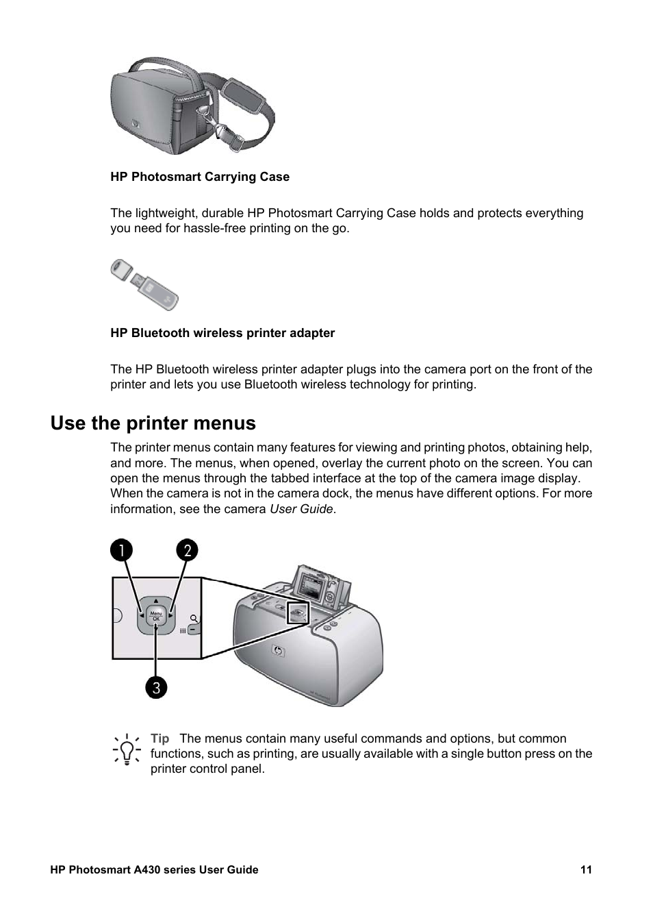 Use the printer menus | HP A430 User Manual | Page 14 / 62