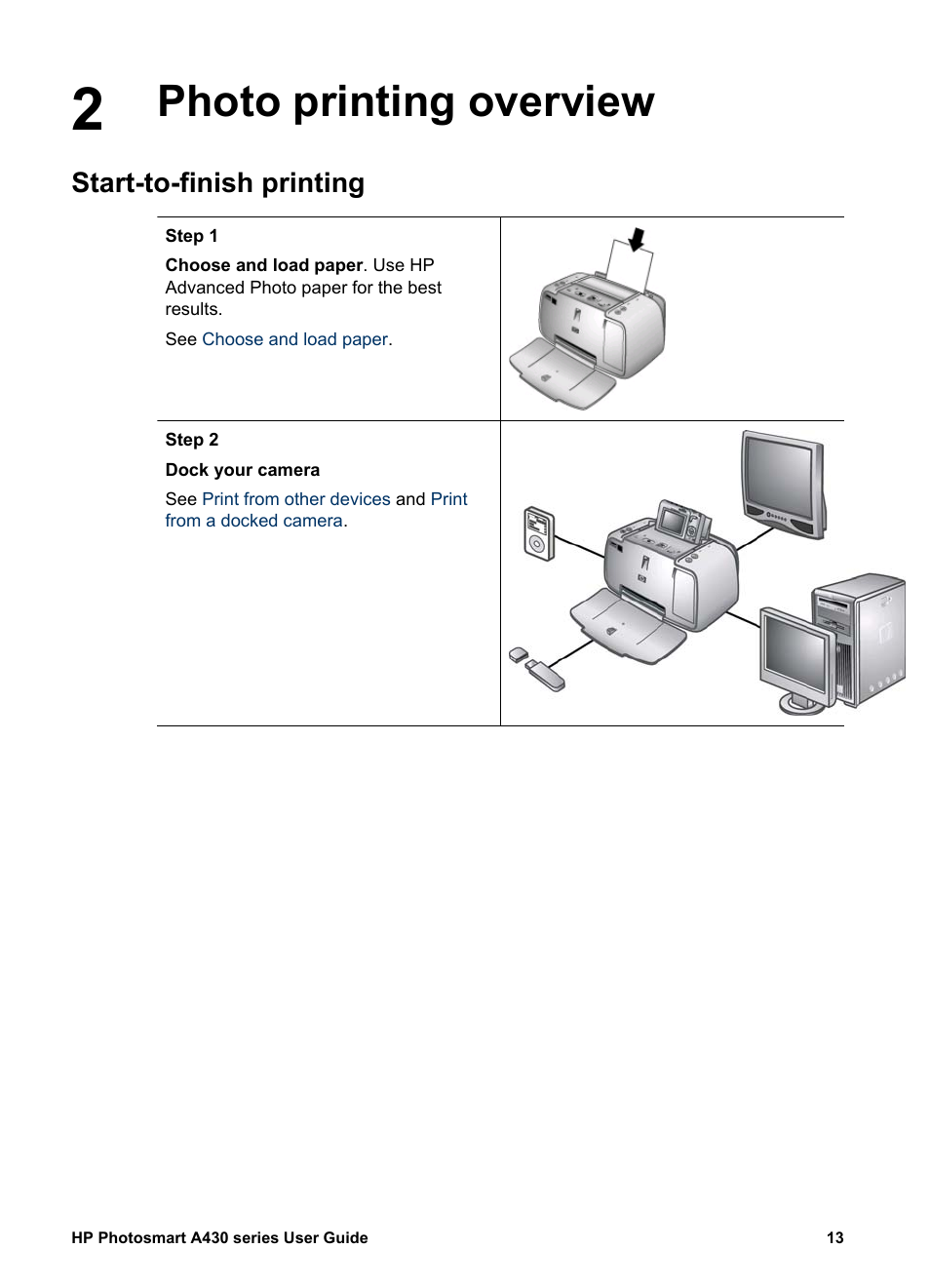 Photo printing overview, Start-to-finish printing, Photo printing overview start-to-finish printing | HP A430 User Manual | Page 16 / 62