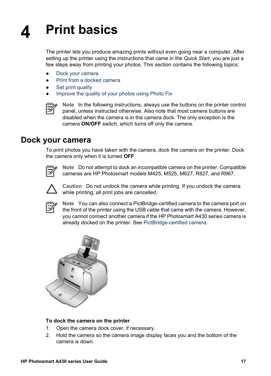Print basics, Dock your camera, Print basics dock your camera | HP A430 User Manual | Page 20 / 62