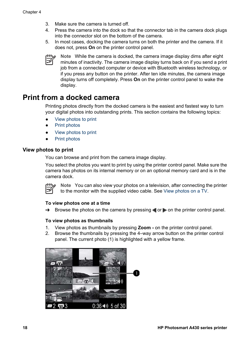 Print from a docked camera, View photos to print, View photos to print print photos | Print, From a docked camera | HP A430 User Manual | Page 21 / 62