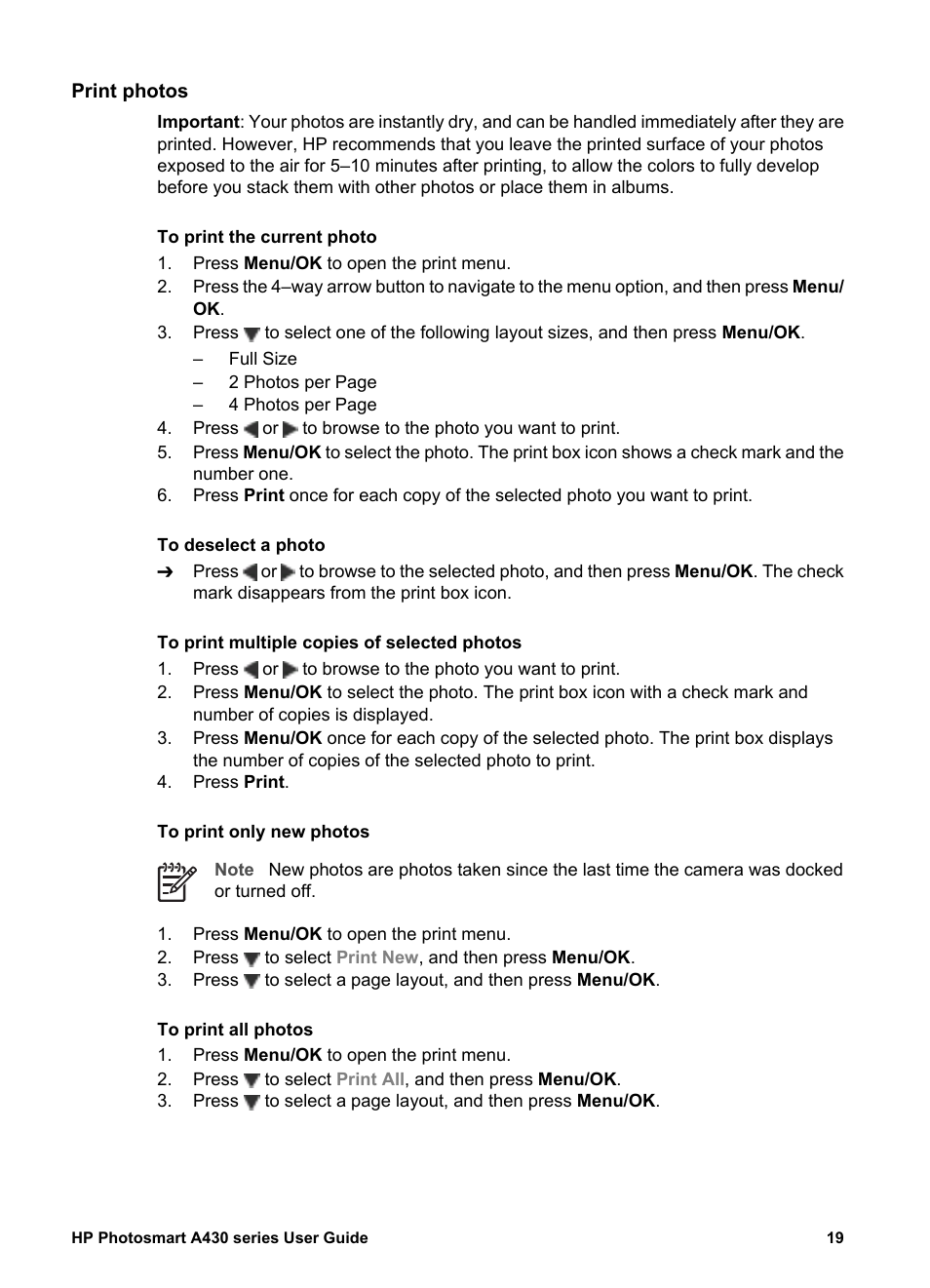 Print photos | HP A430 User Manual | Page 22 / 62