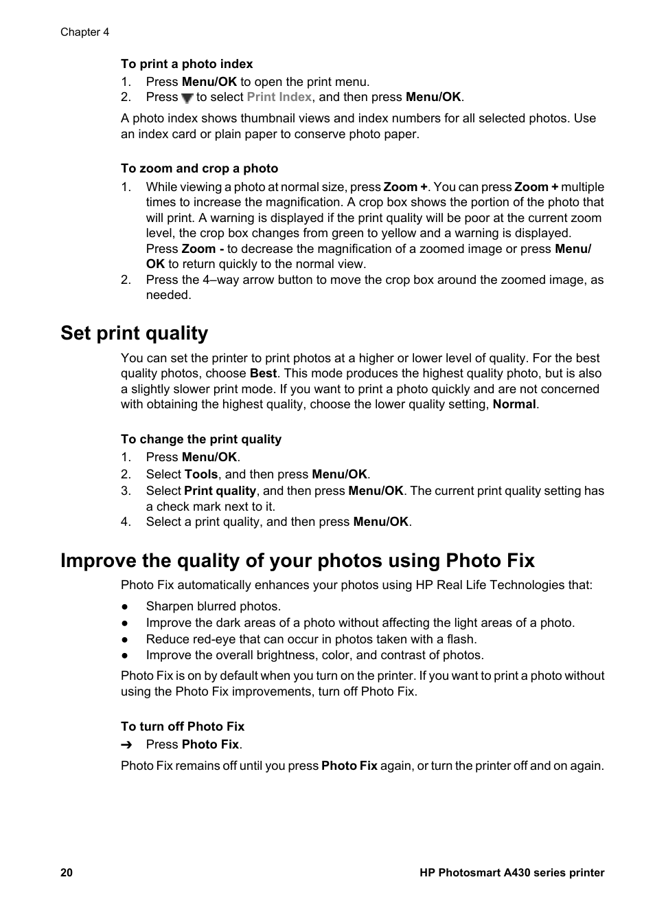 Set print quality, Improve the quality of your photos using photo fix, Improve the quality of your photos | Using photo fix | HP A430 User Manual | Page 23 / 62