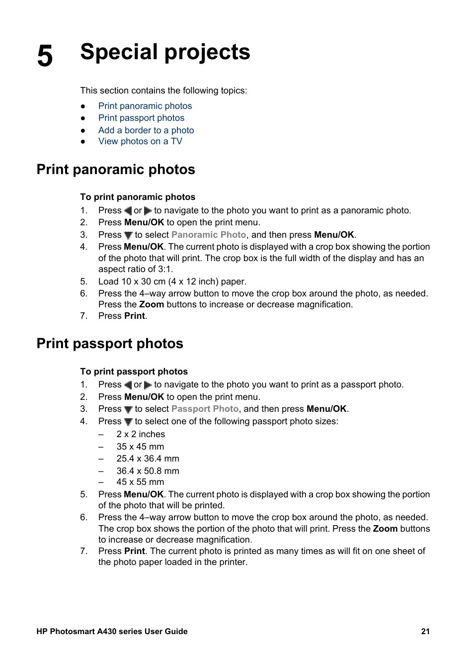 Special projects, Print panoramic photos, Print passport photos | HP A430 User Manual | Page 24 / 62