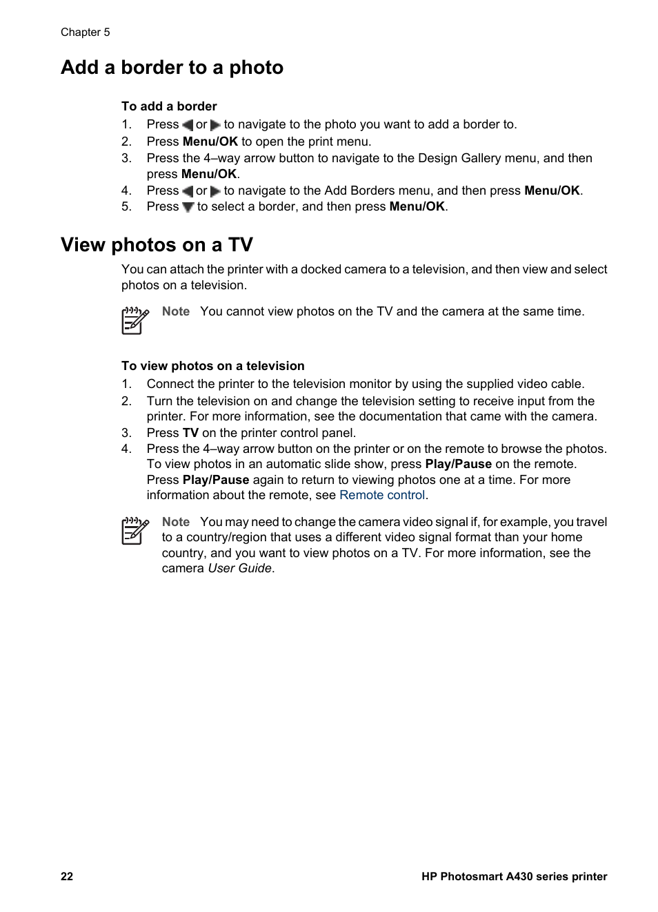 Add a border to a photo, View photos on a tv, Add a border to a photo view photos on a tv | HP A430 User Manual | Page 25 / 62