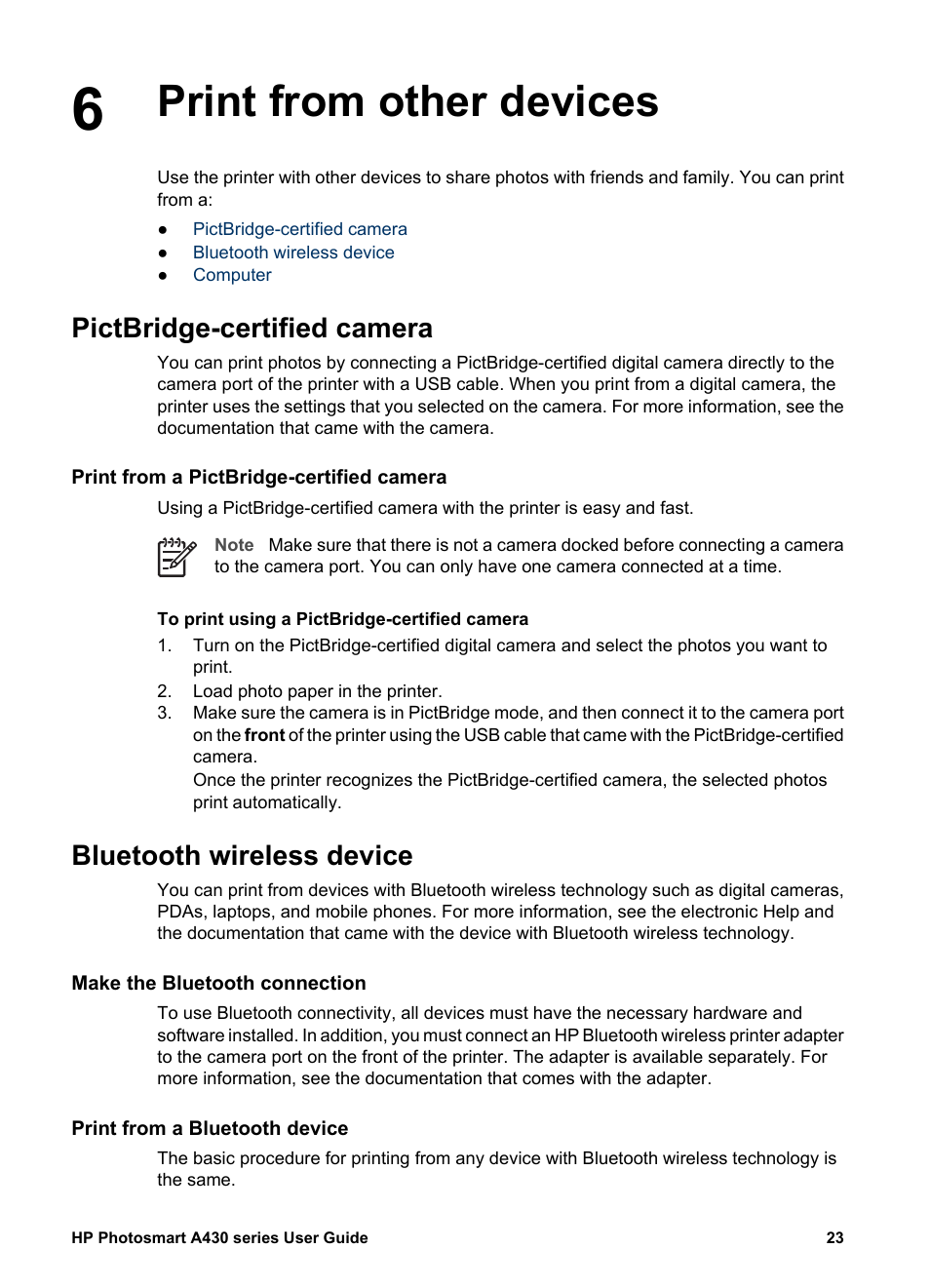 Print from other devices, Pictbridge-certified camera, Print from a pictbridge-certified camera | Bluetooth wireless device, Make the bluetooth connection, Print from a bluetooth device | HP A430 User Manual | Page 26 / 62