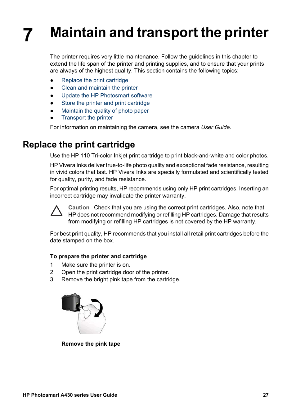 Maintain and transport the printer, Replace the print cartridge | HP A430 User Manual | Page 30 / 62