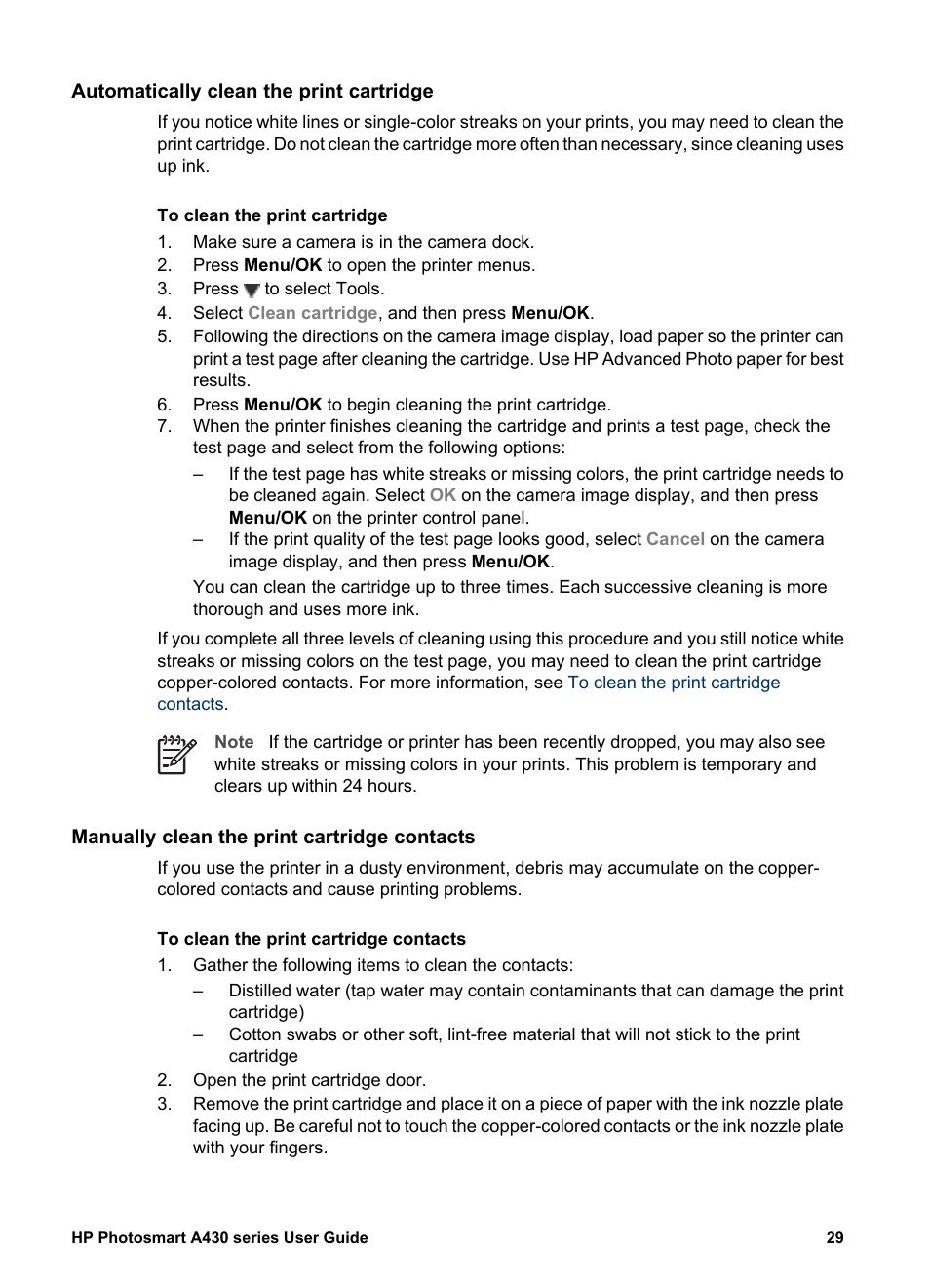 Automatically clean the print cartridge, Manually clean the print cartridge contacts | HP A430 User Manual | Page 32 / 62