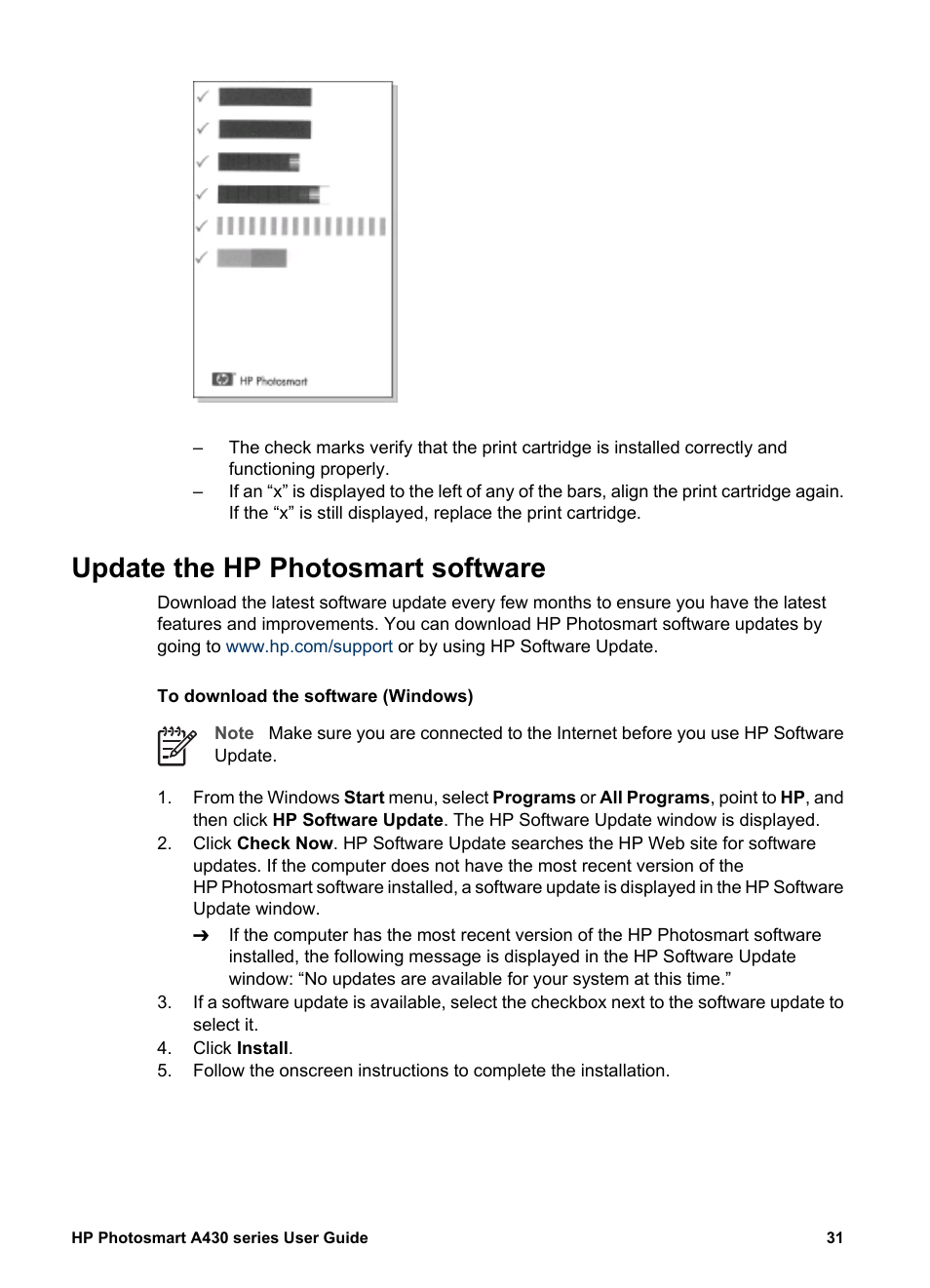 Update the hp photosmart software, Update the, Hp photosmart software | HP A430 User Manual | Page 34 / 62