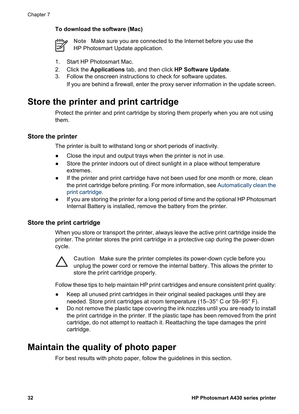 Store the printer and print cartridge, Store the printer, Store the print cartridge | Maintain the quality of photo paper, Store the printer store the print cartridge | HP A430 User Manual | Page 35 / 62