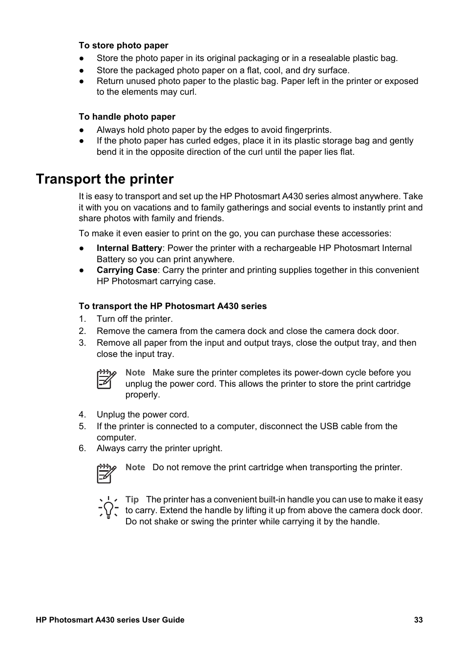 Transport the printer | HP A430 User Manual | Page 36 / 62